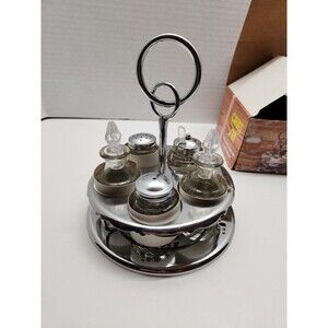 Vintage 5pc Glass Cruet Set Salt Pepper Oil Vinegar Mustard Set Metal Holder